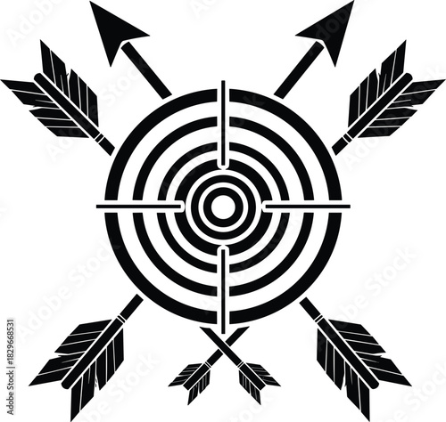Target symbol with arrows, archery aim icon, bullseye focus graphic, precision accuracy design, hunting arrow illustration, strategic goal achievement concept