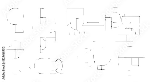 Series of light architectural sketches showing floor plans and outlines of rooms.
