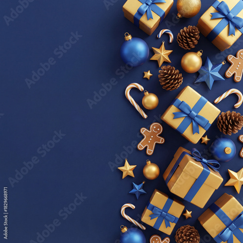 Top view of golden christmas gift box and ornament border on blue