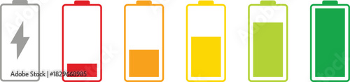 Battery level indicators. Colorful battery charge level icons. Battery power level pictograms in outline style. Vector