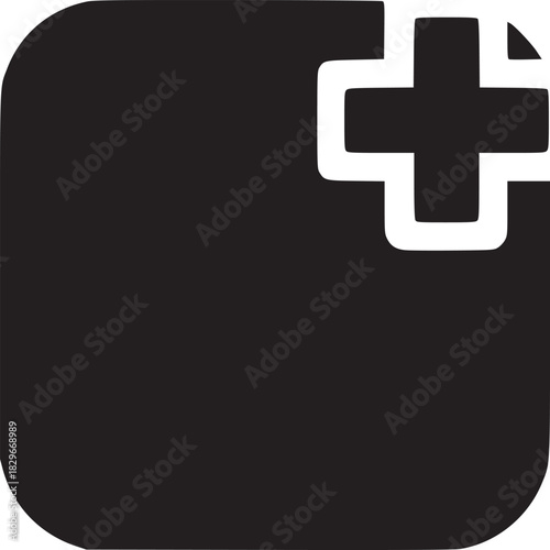 A black rounded square with a white outlined plus sign on the upper right corner on white background