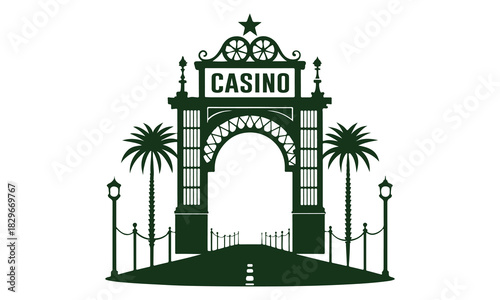 Vintage casino entrance gate silhouette with arch, palm trees, and streetlights vector.
