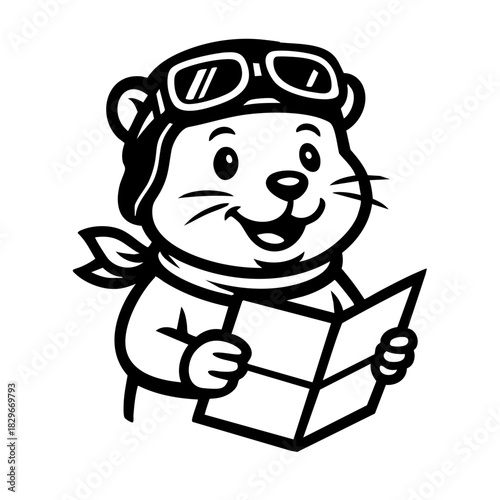 hamster pilot with aviator goggles lifted above his head, holding a small map