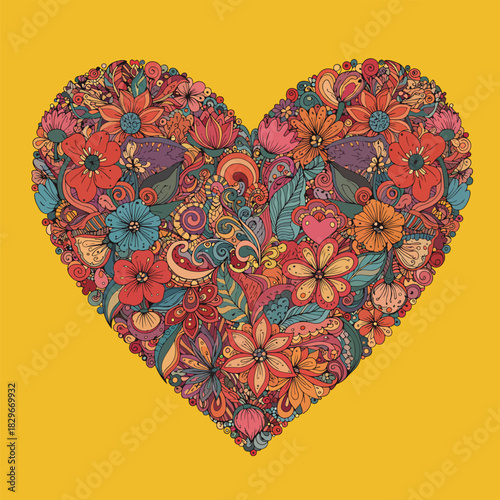 Vibrant Floral Heart Design with Exotic Flowers on Yellow Background