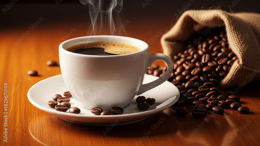 Fototapeta premium Coffee cup with beans on wooden table