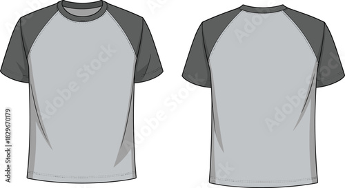 Raglan sleeve unisex short-sleeve t-shirt front and back vector illustration with dark contrast shoulders, clean blank apparel fashion mockup template