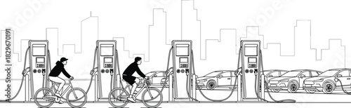 Urban electric vehicle charging station scene with cyclists, sustainable transportation, eco-friendly city mobility, modern EV infrastructure, clean energy 