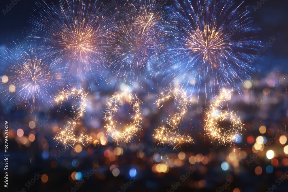 Fototapeta premium Golden 2026 and Fireworks in Abstract Blue Evening Light