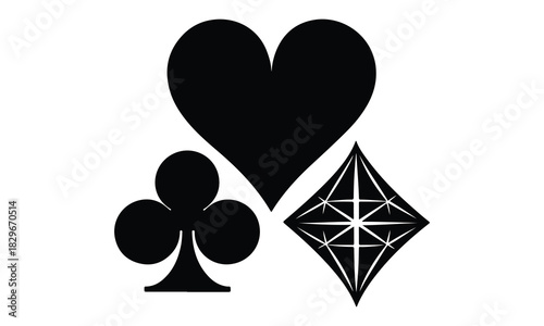 Classic black card suit symbols: heart, club, and a stylized diamond, isolated on a white backdrop.
