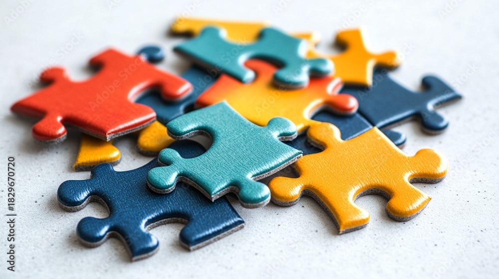 Fototapeta premium Puzzle Assembly Challenge, Colorful Pieces, Creative Workspace, Photograph, Indoor, Close-Up, Fun Activity