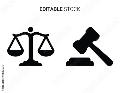Beautiful silhouette vector of black silhouette icon set of justice scale and gavel isolated on