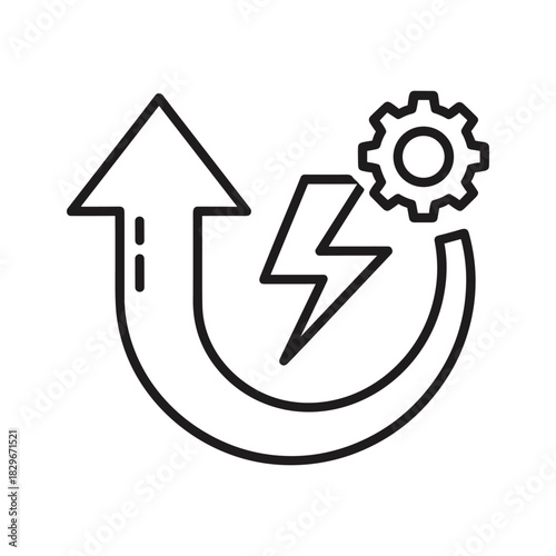 Energy efficiency and power optimization icon with upward arrow, lightning bolt, and gear symbol for process improvement