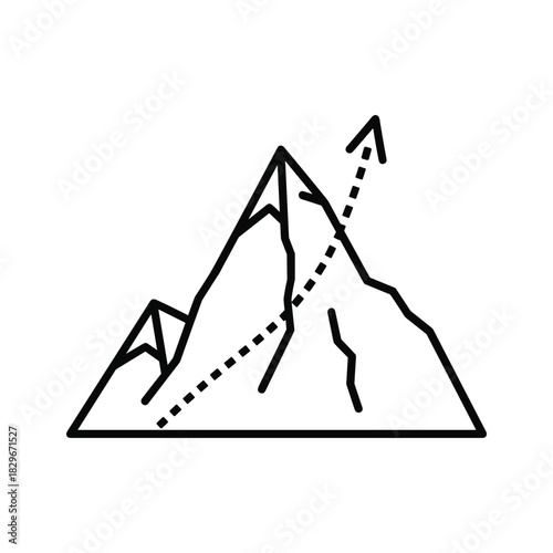 Mountain peak with upward arrow path icon, symbolizing challenge, growth, ambition, success, and overcoming obstacles