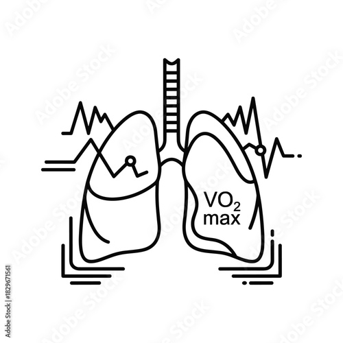 Human lungs and vo2 max measurement line icon. respiratory system and oxygen consumption capacity outline.