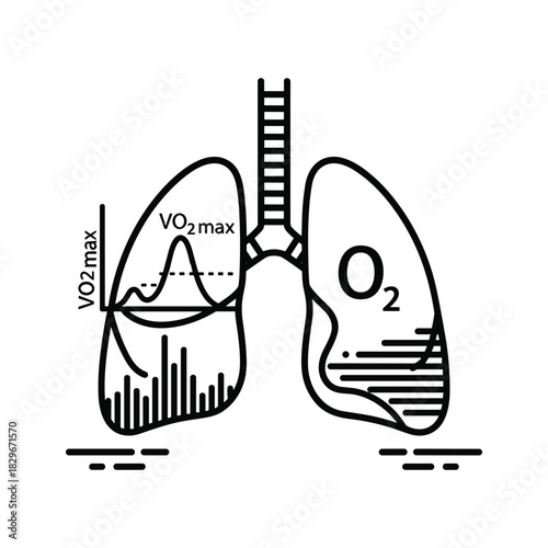 Detailed human lung diagram with vo2 max graph and o2 symbol representing respiratory fitness and oxygenation.