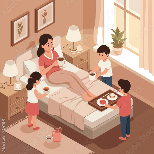 Mother enjoying a warm drink served by her children in bed