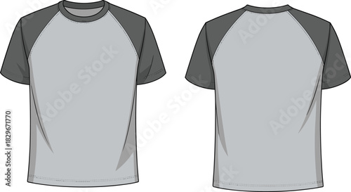 Raglan sleeve unisex short-sleeve t-shirt front and back vector illustration with dark contrast shoulders, clean blank apparel fashion mockup template