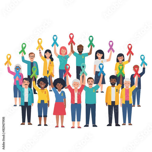 Diverse group of people holding awareness ribbons representing various causes
