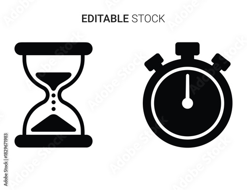 Beautiful silhouette vector of black and white icon set of hourglass and stopwatch isolated on