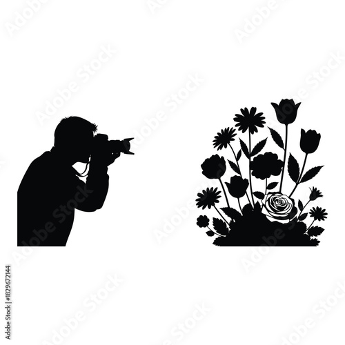Silhouette of a photographer taking a picture of a flower arrangement isolated on white background, capturing the beauty of nature with artistic precision