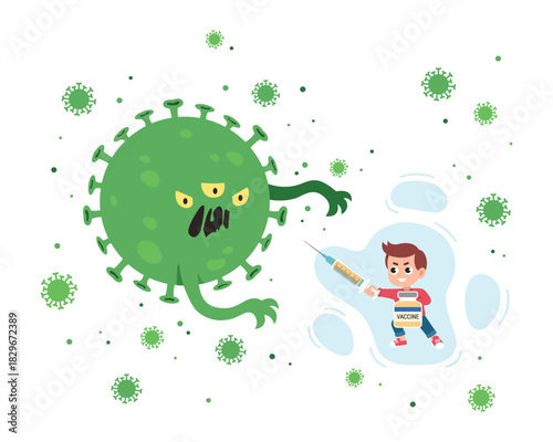 Vaccinated boy with syringe as sword fighting the Virus monster. Vaccination power concept. Children vaccination. Flat design. Vaccination protects from viruses.