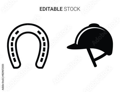 Beautiful silhouette vector of set of two equestrian icons horseshoe and riding helmet isolated on