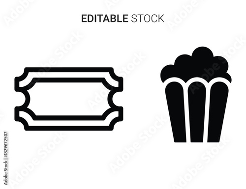 Beautiful silhouette vector of black and white icon set of movie ticket and popcorn isolated on