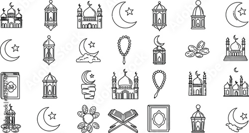 Collection of islamic icons mosque crescent moon lantern and prayer beads in black and white