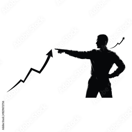 Silhouette of a businessman pointing at an upward trending arrow isolated on white background, symbolizing growth, success, and positive financial performance