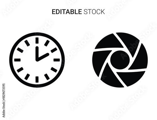 Beautiful silhouette vector of clock and camera aperture icon set isolated on