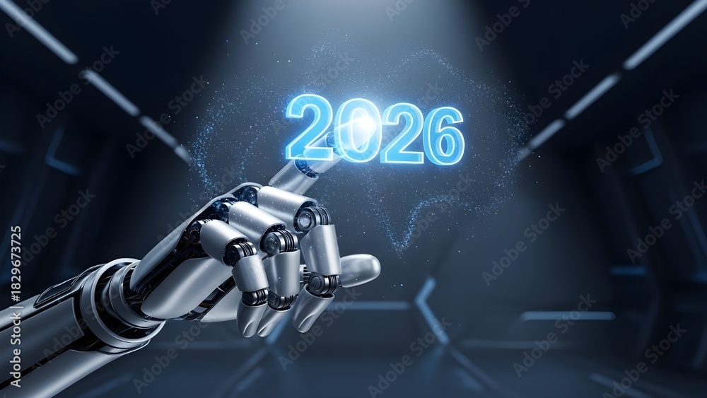Obraz premium AI Robot Hand Touching 2026 Hologram