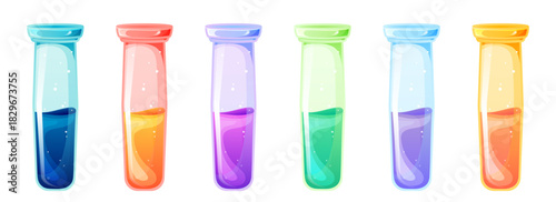 A colorful set of glossy vector potion bottles with bright magical liquids inside. Cute fantasy elixirs in transparent glass test tubes, perfect for mobile games, UI design, stickers, alchemy themes
