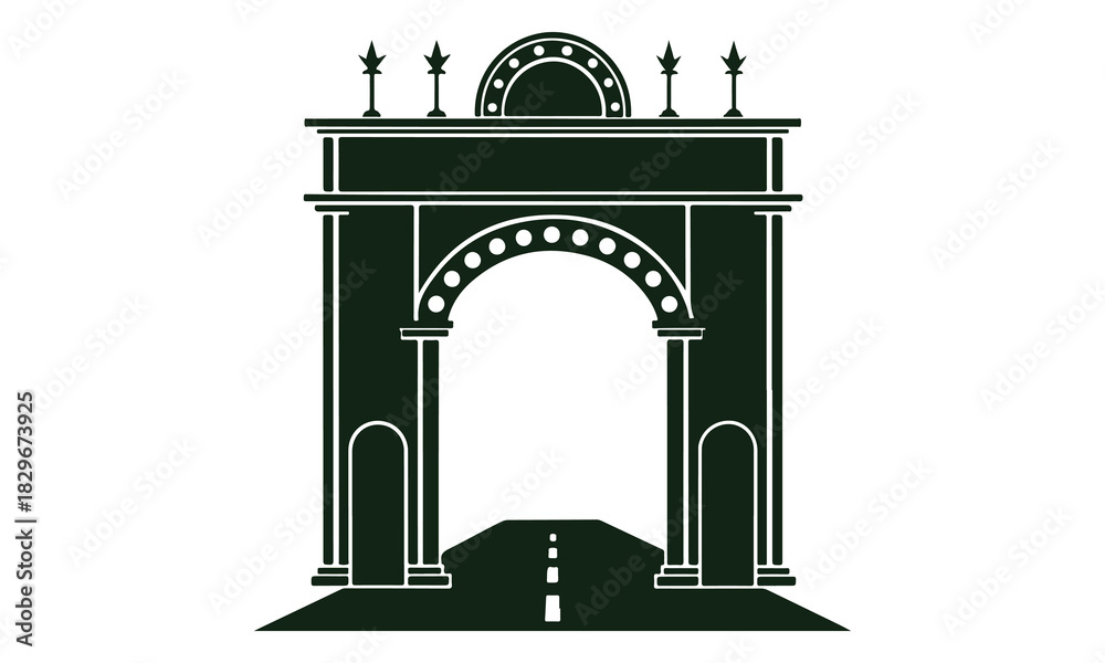 Fototapeta premium Stylized architectural archway with a road perspective leading through, vector graphic. 