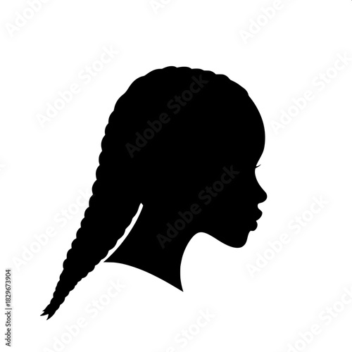 Bold black female profile silhouette with hair parted to the left and braided thickly down the side, no discernible facial detail except for a smooth outlined contour, set against a clean and simple b