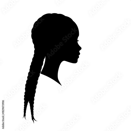 Bold black female profile silhouette with hair parted to the left and braided thickly down the side, no discernible facial detail except for a smooth outlined contour, set against a clean and simple b