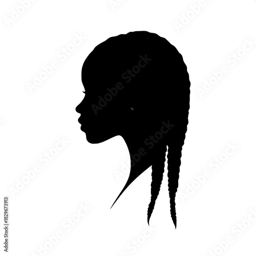 Bold black female profile silhouette with hair parted to the left and braided thickly down the side, no discernible facial detail except for a smooth outlined contour, set against a clean and simple b