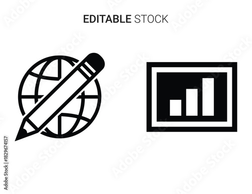 Beautiful silhouette vector of set of two black and white icons globe with pencil and bar chart
