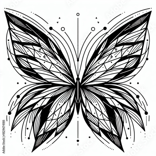 Elegant Butterfly: A refined and sophisticated line art illustration of a butterfly, showcasing intricate geometric patterns and delicate details, representing transformation and beauty.