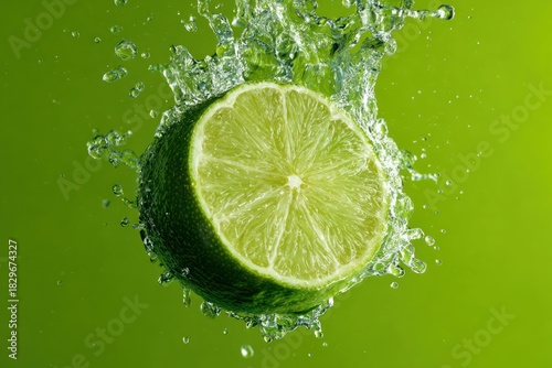 Close-up of Lime Slice Hitting Water with Splash Against Green