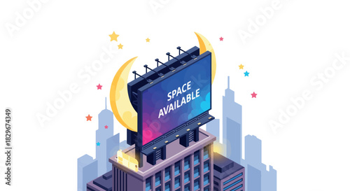 A stylized isometric illustration of a city building with a large billboard displaying "SPACE AVAILABLE" under a crescent moon and stars.