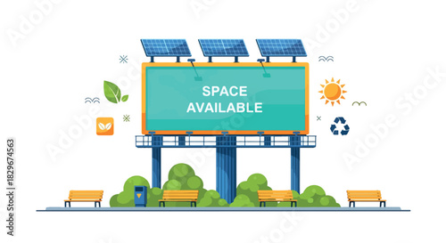 A large outdoor billboard with "SPACE AVAILABLE" text, powered by solar panels, in an urban park setting with environmental icons.