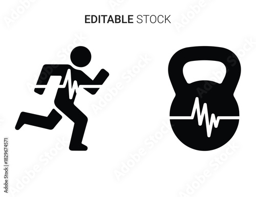Beautiful silhouette vector of running man and kettlebell icon with heartbeat line isolated on