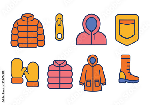 Winter Clothing and Accessories Icons with Jackets and Boots Keywords: winter, clothing, jacket