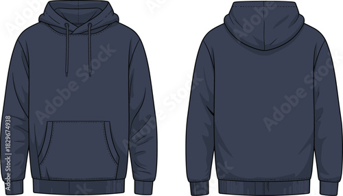 Dark navy unisex hoodie front and back vector illustration with drawstring hood and kangaroo pocket, clean blank apparel fashion mockup template