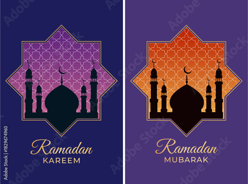 Set of vector Ramadan greeting cards featuring a mosque silhouette and geometric patterns. Ramadan Kareem, Ramadan Mubarak.