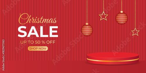 Christmas sale with hanging decorations and a red podium. Vector illustration.