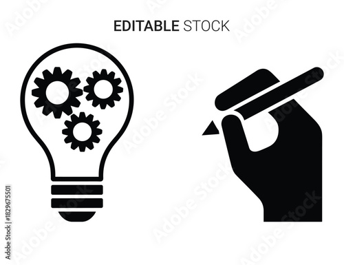 Beautiful silhouette vector of lightbulb with gears icon next to hand holding pencil icon