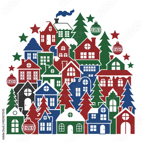 Graphic Illustration of a Festive Winter Holiday Village.