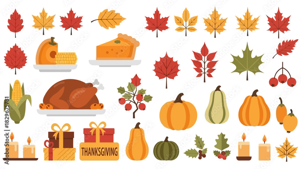 Fototapeta premium Autumn nature set illustration with orange pumpkins, fall leaves, and harvest vector design elements for Thanksgiving and Halloween