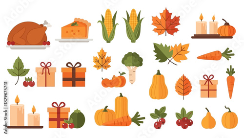 A vector illustration of a set of cartoon orange Halloween and Thanksgiving pumpkins with autumn leaves, perfect for harvest season design